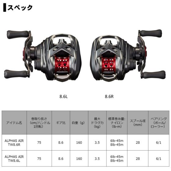 ダイワ　アルファス　AIR TW8.6R＆フロロライン ダイワ アルファス AIR TW 8.6 L（美品）